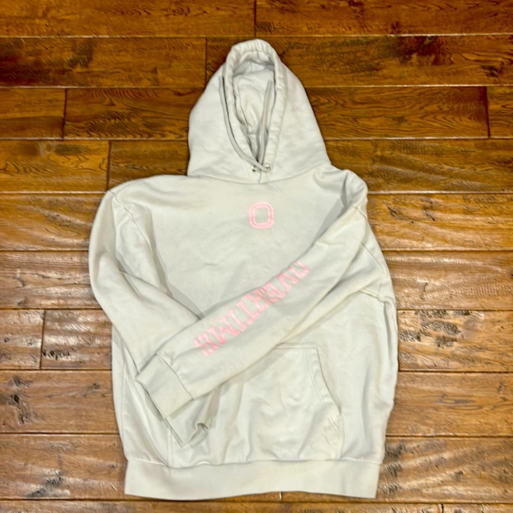 Overtime Men’s Light Grey with Pink Logo Hooded Sweatshirt- Size Large.